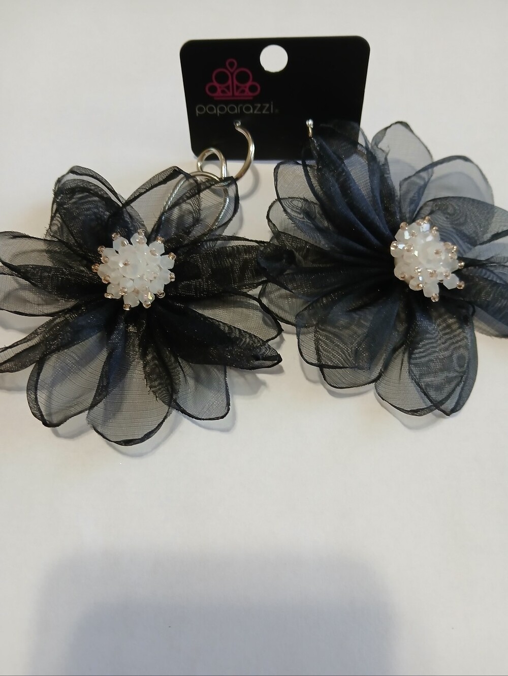 Paparazzi Black Sheer Floral Drop Earrings with White Beaded Clusters